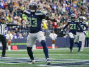 Seattle Seahawks safety Jamal Adams reacts after breaking up a pass in the end zone against the Arizona Cardinals during the first half of an NFL football game, Sunday, Oct. 22, 2023, in Seattle. The Seahawks won 20-10.