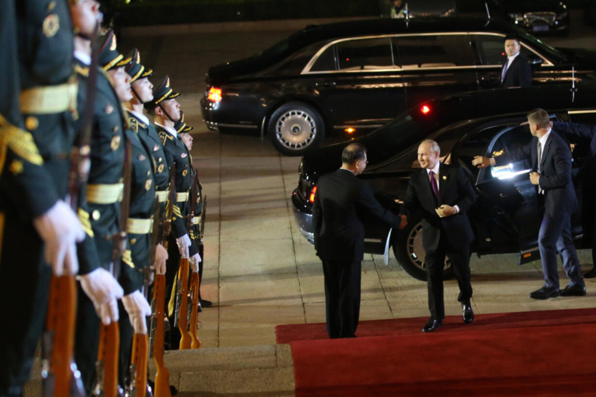 Russian President Vladimir Putin arrives for a welcoming ceremony for heads of delegations participating in the Belt and Road Forum in Beijing, China, on Tuesday, Oct. 17, 2023.