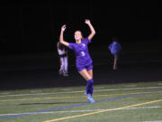 Columbia River’s Avah Eslinger (9) celebrates her goal in a 1-0 win over Ridgefield in girls soccer match at Columbia River High School on Tuesday, Oct. 3, 2023.