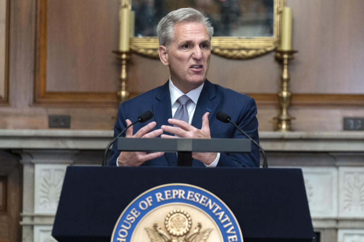 Former Speaker of the House Rep. Kevin McCarthy, R-Calif., speaks during a news conference at the Capitol in Washington, Monday, Oct. 9, 2023. The militant Hamas rulers of the Gaza Strip carried out an unprecedented, multi-front attack on Israel at daybreak Saturday, firing thousands of rockets as dozens of Hamas fighters infiltrated the heavily fortified border in several locations, killing hundreds and taking captives. Palestinian health officials reported scores of deaths from Israeli airstrikes in Gaza.