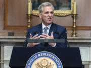 Former Speaker of the House Rep. Kevin McCarthy, R-Calif., speaks during a news conference at the Capitol in Washington, Monday, Oct. 9, 2023. The militant Hamas rulers of the Gaza Strip carried out an unprecedented, multi-front attack on Israel at daybreak Saturday, firing thousands of rockets as dozens of Hamas fighters infiltrated the heavily fortified border in several locations, killing hundreds and taking captives. Palestinian health officials reported scores of deaths from Israeli airstrikes in Gaza.