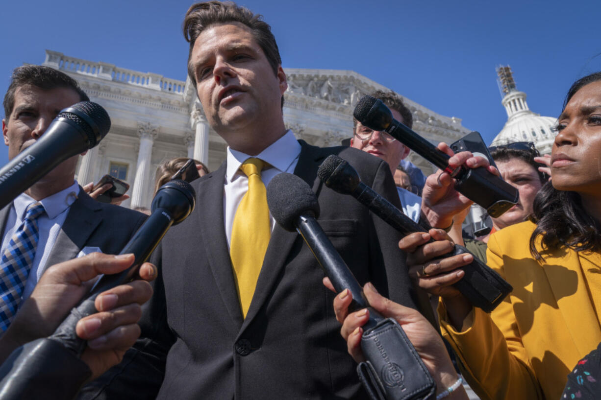 Rep. Matt Gaetz, R-Fla., one of House Speaker Kevin McCarthy's harshest critics, answers questions from members of the media after speaking on the House floor, at the Capitol in Washington, Monday, Oct. 2, 2023. Gaetz has said he plans to use a procedural tool called a motion to vacate to try and strip McCarthy of his office as soon as this week.