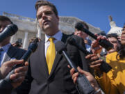 Rep. Matt Gaetz, R-Fla., one of House Speaker Kevin McCarthy's harshest critics, answers questions from members of the media after speaking on the House floor, at the Capitol in Washington, Monday, Oct. 2, 2023. Gaetz has said he plans to use a procedural tool called a motion to vacate to try and strip McCarthy of his office as soon as this week.