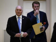 Rep. Steve Scalise, R-La., arrives for the House Republicans caucus meeting, Thursday, Oct. 12, 2023, on Capitol Hill in Washington.