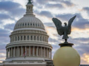 The Capitol is seen at sunrise, in Washington, Tuesday, Oct. 10, 2023. After Rep. Kevin McCarthy, R-Calif., was ousted as speaker of the House, the upheaval has put Congress at a crossroads during a moment of crisis. House business, and with it most congressional action, has come to a standstill. (AP Photo/J.