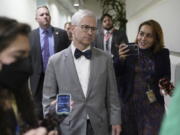 Rep. Patrick McHenry, R-N.C., the temporary leader of the House of Representatives and the speaker pro tempore, walks to a closed door GOP conference, at the Capitol in Washington, Thursday, Oct. 19, 2023. (AP Photo/J.