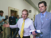 FILE--Rep. Jim Jordan, R-Ohio, left, and Rep. Matt Gaetz, R-Fla., speak to reporters after a hearing investigating former President Donald Trump, at the Capitol in Washington, Friday, June 4, 2021. Now the House Judiciary Committee chairman, the longtime Republican stalwart has emerged as a top contender to replace former House Speaker Kevin McCarthy who was voted out of the job by a contingent of hard-right conservatives on Oct. 3, 2023, led by Gaetz. (AP Photo/J.