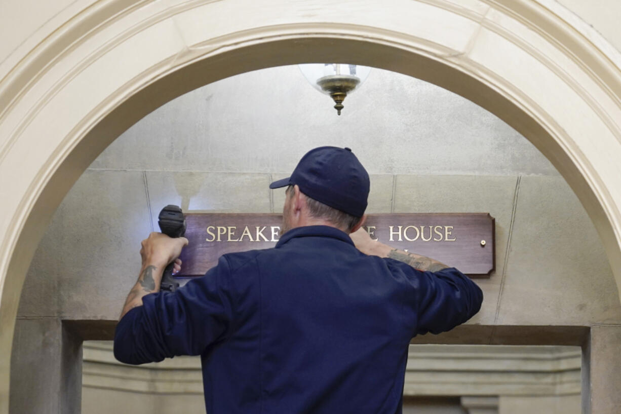 A new sign is installed above the entrance to the office of House Speaker Mike Johnson, R-La., Wednesday, Oct. 25, 2023, at the Capitol in Washington. Republicans eagerly elected Johnson as House speaker on Wednesday, elevating a deeply conservative but lesser-known leader to the seat of U.S. power and ending for now the political chaos in their majority.