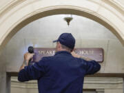 A new sign is installed above the entrance to the office of House Speaker Mike Johnson, R-La., Wednesday, Oct. 25, 2023, at the Capitol in Washington. Republicans eagerly elected Johnson as House speaker on Wednesday, elevating a deeply conservative but lesser-known leader to the seat of U.S. power and ending for now the political chaos in their majority.