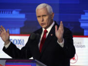 Former Vice President Mike Pence speaks during a Republican presidential primary debate hosted by FOX Business Network and Univision, Wednesday, Sept. 27, 2023, at the Ronald Reagan Presidential Library in Simi Valley, Calif. (AP Photo/Mark J.