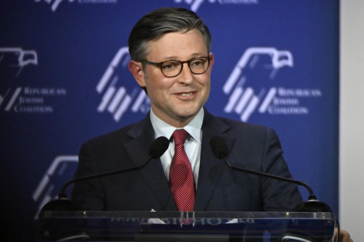 Rep. Mike Johnson, R-La., speaks at an annual leadership meeting of the Republican Jewish Coalition on Saturday in Las Vegas.