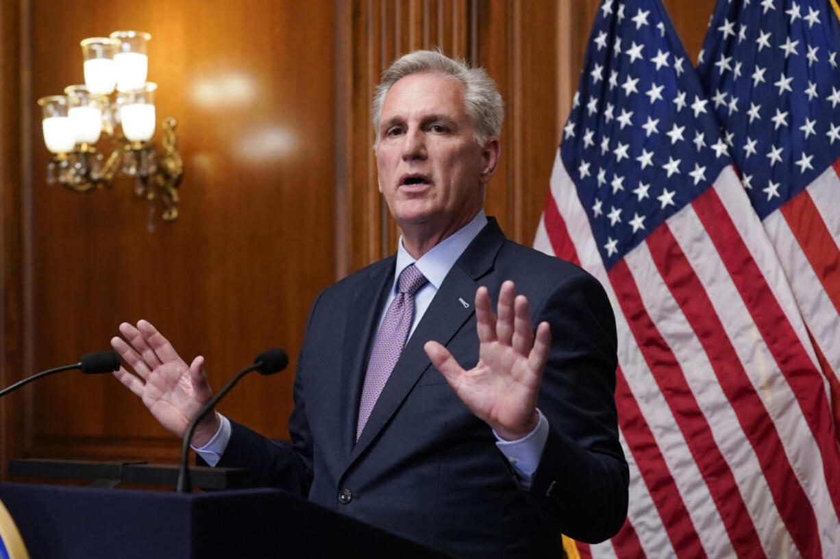 FILE - Rep. Kevin McCarthy, R-Calif., speaks to reporters hours after he was ousted as Speaker of the House, Tuesday, Oct. 3, 2023, at the Capitol in Washington. McCarthy spent years tirelessly raising mountains of Republican campaign cash as he worked his way toward becoming Speaker of the House. Now that he's been ousted from the post, some in McCarthy's party are wondering if all that fundraising will evaporate. (AP Photo/J.