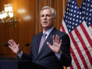 FILE - Rep. Kevin McCarthy, R-Calif., speaks to reporters hours after he was ousted as Speaker of the House, Tuesday, Oct. 3, 2023, at the Capitol in Washington. McCarthy spent years tirelessly raising mountains of Republican campaign cash as he worked his way toward becoming Speaker of the House. Now that he's been ousted from the post, some in McCarthy's party are wondering if all that fundraising will evaporate. (AP Photo/J.