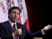 Republican presidential candidate Florida Gov. Ron DeSantis speaks at the Iowa Faith & Freedom Coalition's fall banquet, Saturday, Sept. 16, 2023, in Des Moines, Iowa.