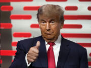 Former President Donald Trump gesture to the crowd before his speech at the California Republican Party Convention Friday, Sept. 29, 2023, in Anaheim, Calif. (AP Photo/Jae C.