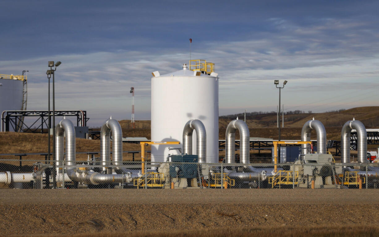 FILE - TC Energy's Keystone pipeline facility is seen in Hardisty, Alberta, on Nov. 6, 2015. Federal regulators on Thursday, Oct. 19, 2023, approved the expansion of a natural gas pipeline owned by TC Energy in the Pacific Northwest over the protest of environmental groups and top West Coast officials. The pipeline project, known as GTN Xpress, belongs to TC Energy of Calgary, Canada -- the same company behind the now-abandoned Keystone XL crude oil pipeline.