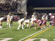 Evergreen lines up inside the red zone during Friday's 3A GSHL game against Prairie at District Stadium. The Plainsmen won the game, 40-19.