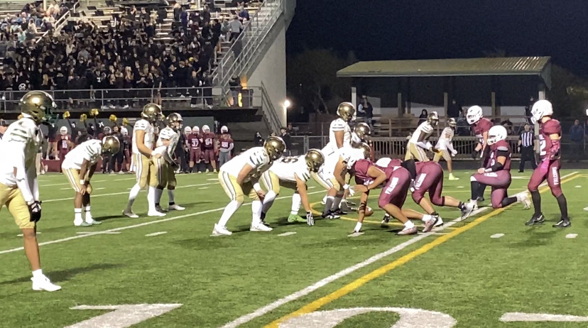 Evergreen lines up inside the red zone during Friday's 3A GSHL game against Prairie at District Stadium. The Plainsmen won the game, 40-19.