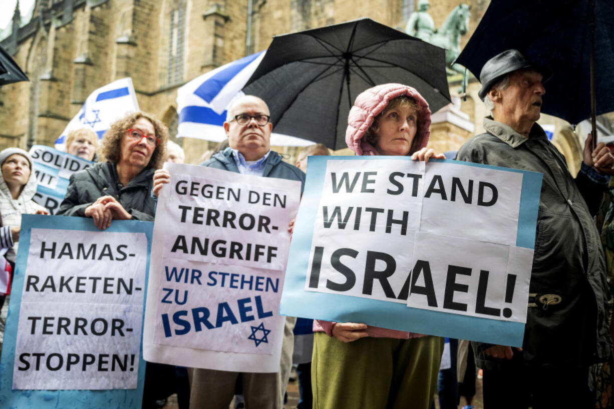 A solidarity rally for Isreal is held at the Bremen City Hall in Bremen, Germany, Monday, Oct. 9, 2023 after the attacks against Israel. Israel formally declared war on Sunday and gave the green light for "significant military steps" to retaliate against Hamas for Saturday's surprise attack. More than 1,100 people have been killed and thousands wounded on both sides.