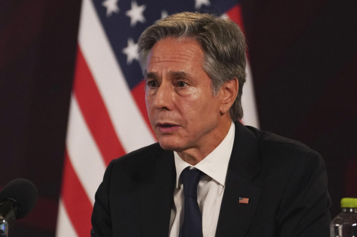 US Secretary of State Antony Blinken, right, speaks during a press conference after a meeting on security, at the National Palace in Mexico City, Thursday, Oct. 5, 2023.