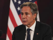 US Secretary of State Antony Blinken, right, speaks during a press conference after a meeting on security, at the National Palace in Mexico City, Thursday, Oct. 5, 2023.