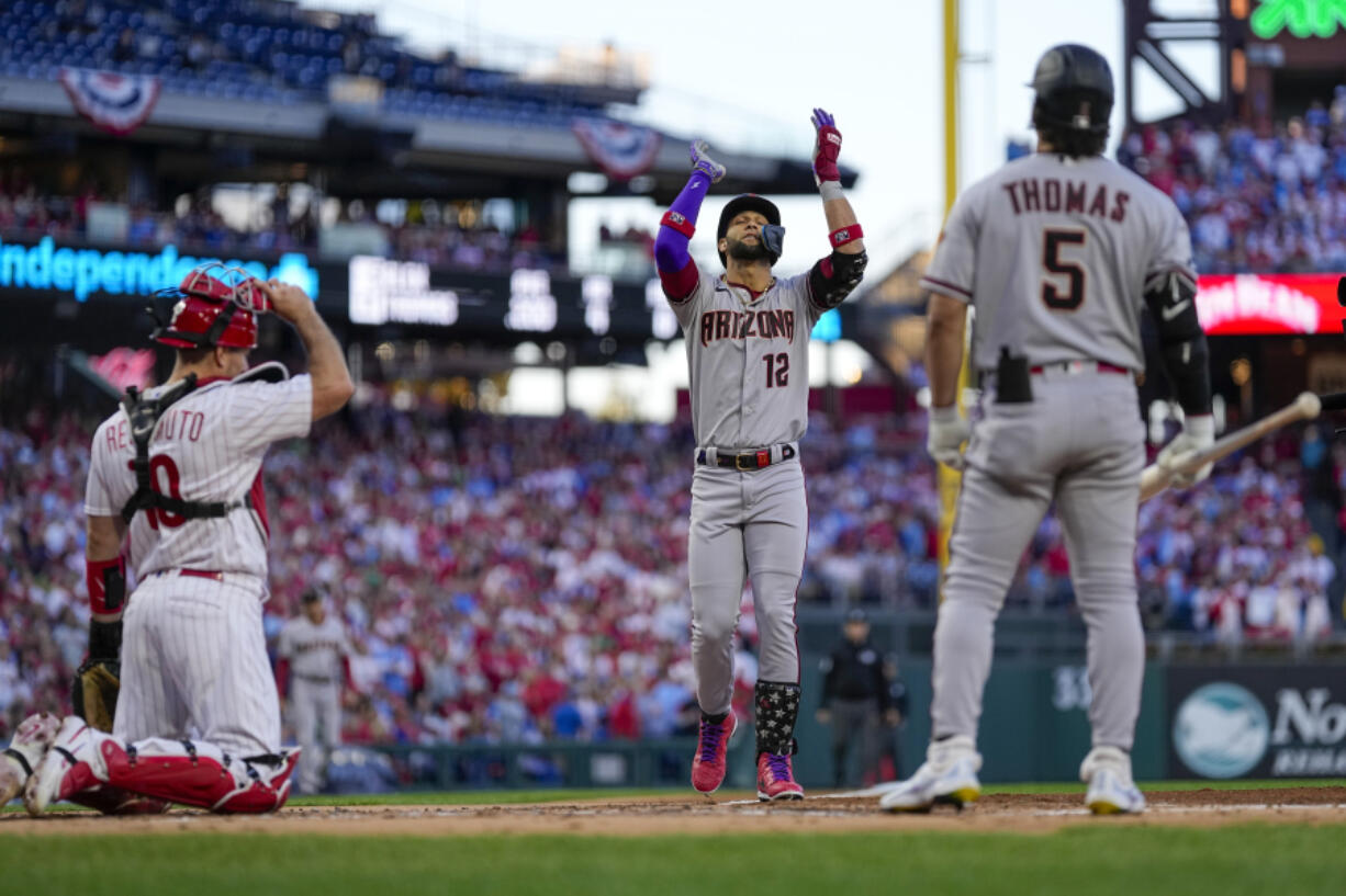 Arizona Diamondbacks' Lourdes Gurriel Jr. celebrates after a home run off Philadelphia Phillies starting pitcher Aaron Nola during the second inning in Game 6 of the baseball NL Championship Series in Philadelphia Monday, Oct. 23, 2023.