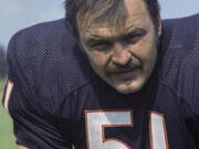 FILE - Chicago Bears linebacker Dick Butkus poses for a photo in 1973. Butkus, a fearsome middle linebacker for the Bears, has died, the team announced Thursday, Oct. 5, 2023. He was 80. According to a statement released by the team, Butkus' family confirmed that he died in his sleep overnight at his home in Malibu, Calif.