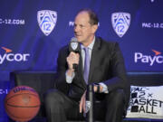 Washington head coach Mike Hopkins speaks during a news conference at the Pac-12 Conference NCAA college basketball media day Wednesday, Oct. 11, 2023, in Las Vegas.