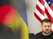 Ukraine's President Volodymyr Zelenskyy addresses the Ukraine Defense Contact Group during a meeting of NATO defense ministers at NATO headquarters in Brussels, Wednesday, Oct. 11, 2023. Ukraine's President Volodymyr Zelenskyy has arrived at NATO for meetings with alliance defense ministers to further drum up support for Ukraine's fight against Russia.