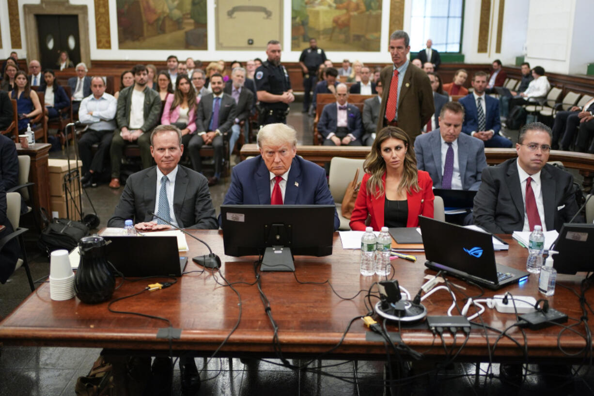 FILE - Former President Donald Trump, center, sits in the courtroom with his legal team before the continuation of his civil business fraud trial at New York Supreme Court, Oct. 3, 2023, in New York. Trump is returning Oct. 17 to the Manhattan civil fraud trial that threatens to upend his real estate empire.