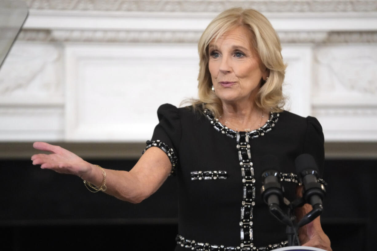 First lady Jill Biden speaks during a media preview Tuesday, Oct. 24, 2023, in the State Dining Room at the White House in Washington, ahead of Wednesday's State Dinner with Australia's Prime Minister Anthony Albanese.