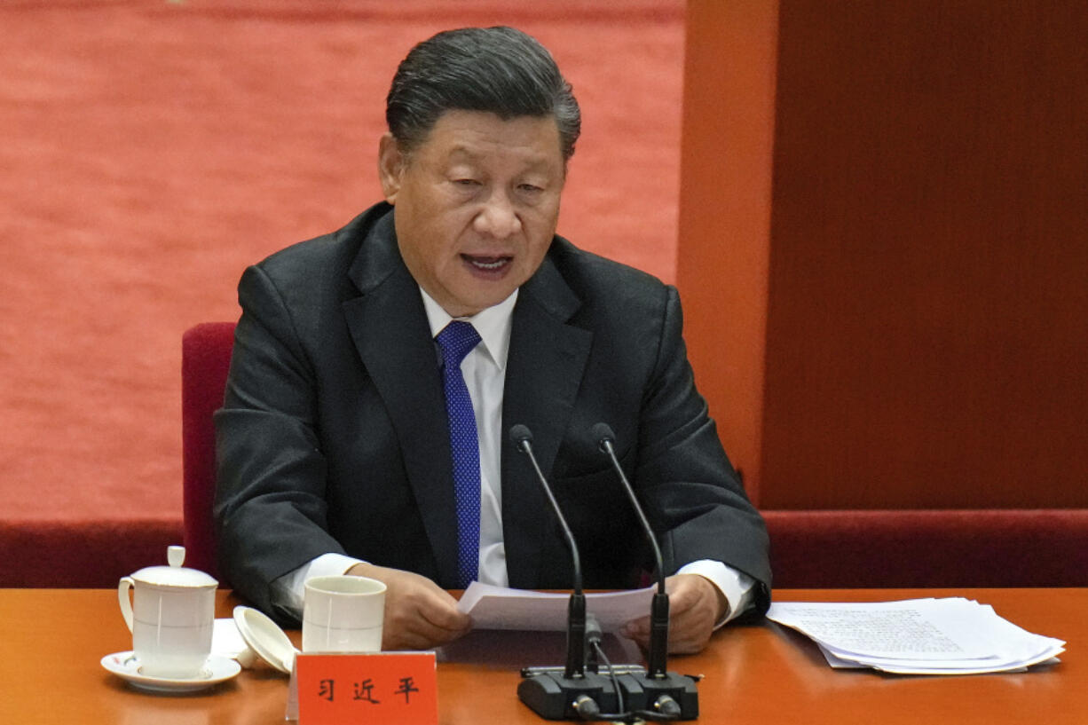 FILE - Chinese President Xi Jinping delivers a speech at an event commemorating the 110th anniversary of Xinhai Revolution at the Great Hall of the People in Beijing on Oct. 9, 2021. A new Pentagon report on China's military power says Beijing is on track to significantly increase its nuclear weapons arsenal by 2030 and is "almost certainly" learning from Russia's war in Ukraine.