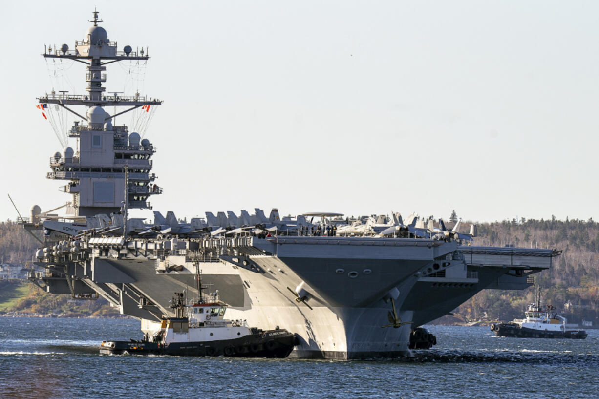 FILE - The USS Gerald R. Ford, arrives in Halifax on Oct. 28, 2022. Within hours of the horrific attack by Hamas, the U.S.