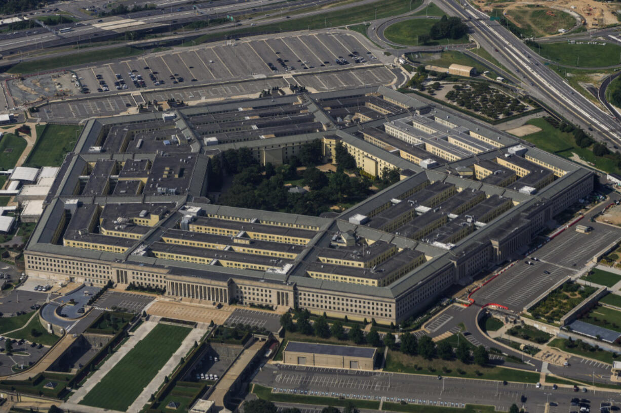 FILE - The Pentagon is seen on Sunday, Aug. 27, 2023, in Washington. The U.S. military on Thursday, Oct. 5, shot down a Turkish drone that had come in too close to U.S. troops on the ground in Hasakah, Syria, a U.S. official told The Associated Press. The official said the drone had been flying in an "unsafe" and "unsychronized" manner.