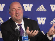 University of Washington's new Athletic Director Troy Dannen meets with the news media during a news conference, Tuesday, Oct. 10, 2023 in Seattle.