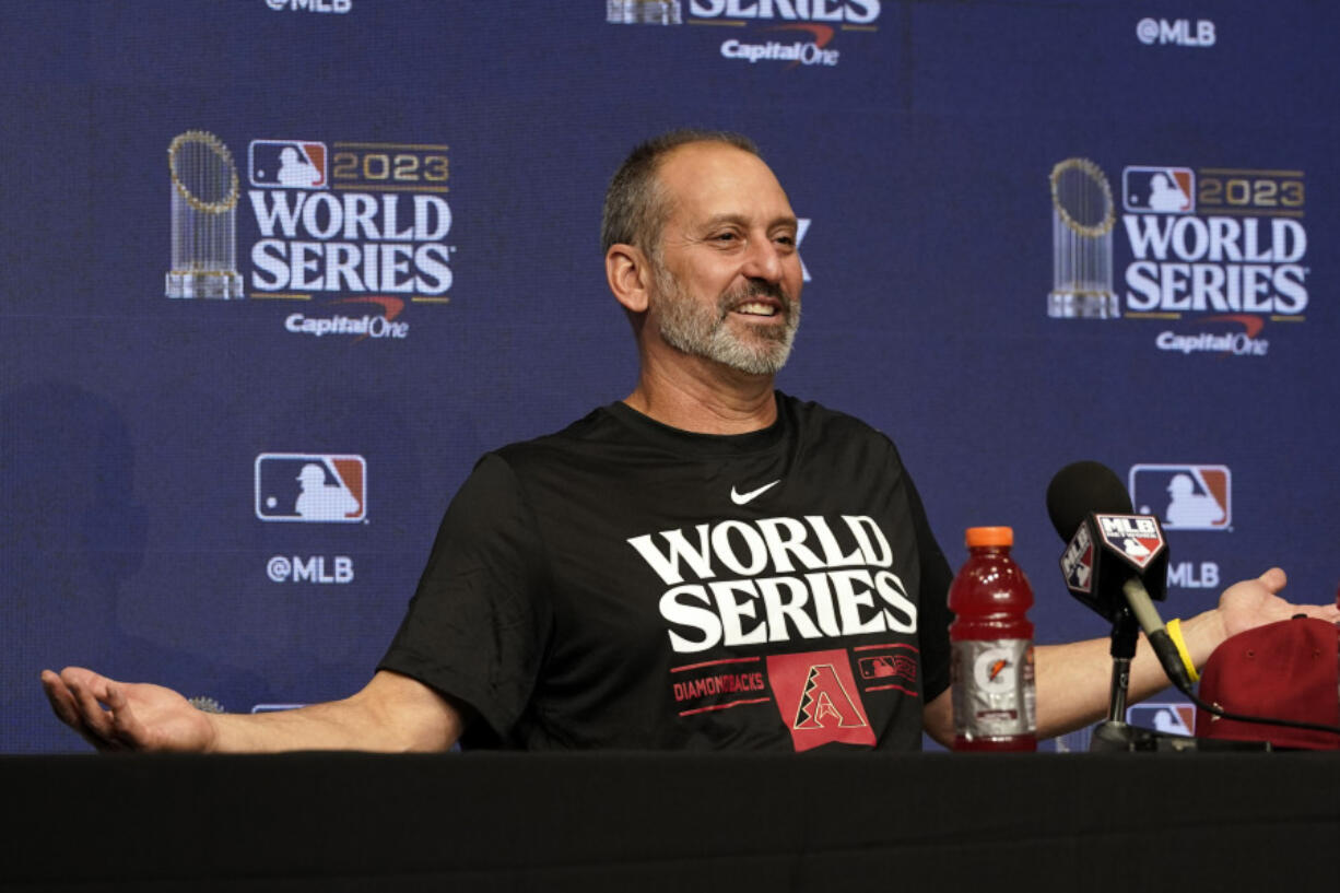 Arizona Diamondbacks manager Torey Lovullo answers a question during a World Series baseball media day Thursday, Oct. 26, 2023, in Arlington, Texas. The Diamondbacks will play the Texas Rangers in Game 1 of the World Series tomorrow.