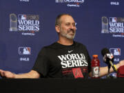 Arizona Diamondbacks manager Torey Lovullo answers a question during a World Series baseball media day Thursday, Oct. 26, 2023, in Arlington, Texas. The Diamondbacks will play the Texas Rangers in Game 1 of the World Series tomorrow.