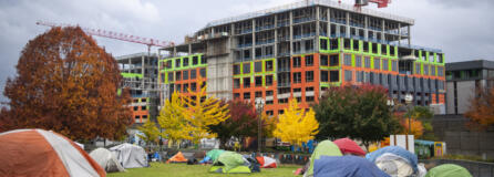 Tents sit in an empty lot behind Vancouver City Hall. Vancouver City Manager Eric Holmes declared a civic emergency on Friday in response to what the city describes as a "perfect storm" of increased criminal activity and drug use in camps and a growing disinterest among camp residents in getting help.