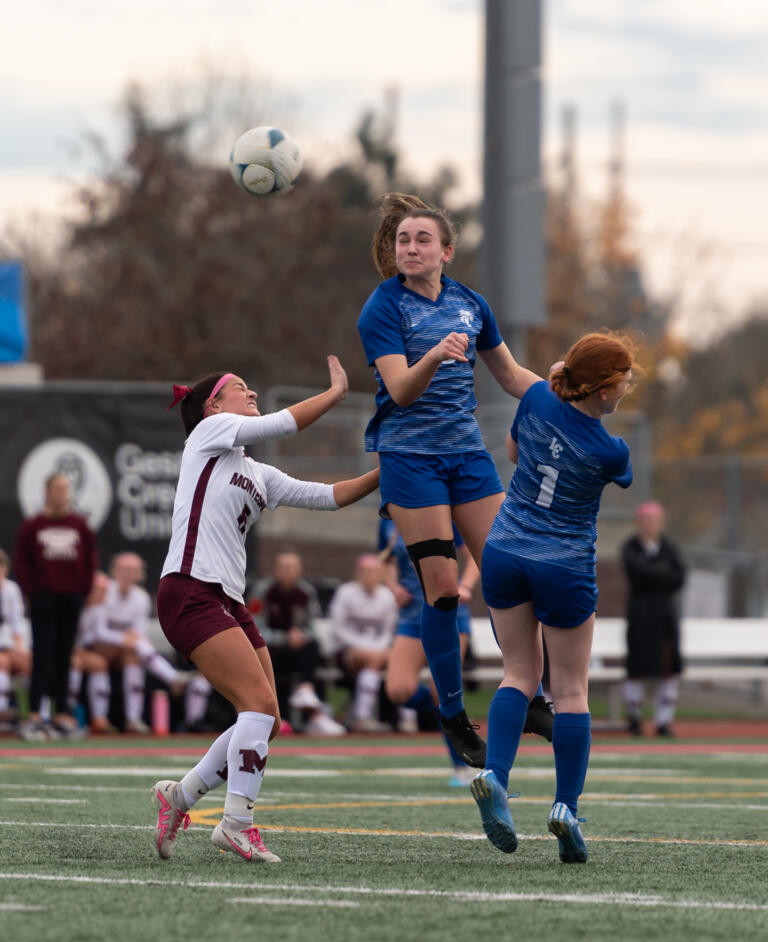 La Center senior midfielder Shaela Bradley rises up to head the ball in a 1A State girls soccer third-place game on Saturday, Nov. 18, 2023, at Mount Tahoma Stadium in Tacoma.