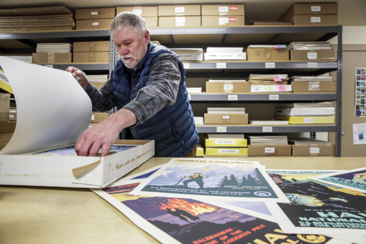 Doug Leen, a retired Seattle dentist, maintains a warehouse in Fremont for Ranger Doug Enterprises, on Nov. 1, 2022, in Seattle. A business that sells prints of the vintage national park posters he rescued from archival obscurity.
