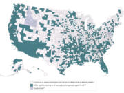 This image provided by the U.S. Centers for Disease Control and Prevention on Tuesday, Nov. 7, 2023, shows counties, shaded in teal, where federal officials suggest offering syphilis testing to all sexually active people between the ages of 15 and 44. The Associated Press estimated the suggestion could affect tens of millions of people, based on federal data.