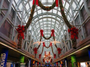 Christmas lights and decorations inside the O&rsquo;Hare International Airport terminal in Chicago.