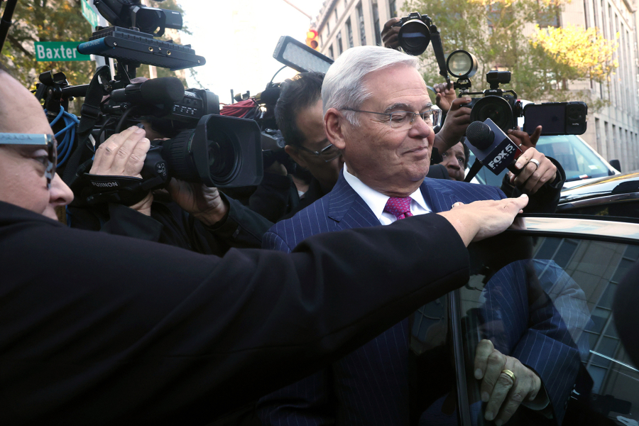 Sen. Bob Menendez, D-N.J., departs a New York City court after pleading not guilty to new charges on Oct. 23 in New York City.