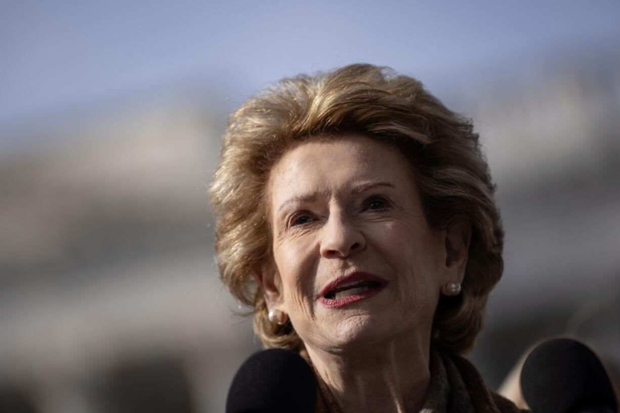 Sen. Debbie Stabenow (D-MI) speaks during a news conference outside the U.S. Capitol on Nov. 15, 2023, in Washington, D.C. Stabenow spoke about the two year anniversary of the Infrastructure Investment and Jobs Act.