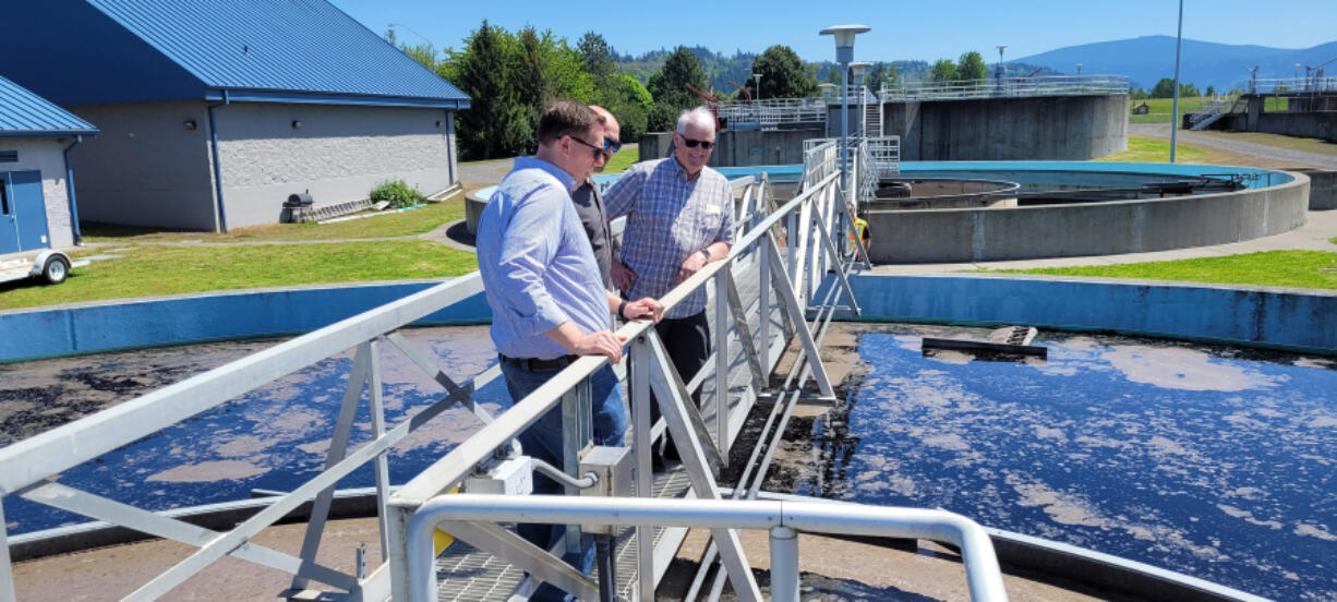 Gary Rowe, the Washington Public Works Board&rsquo;s vice chair, and state Rep. Kevin Waters, R-Stevenson, visit the city of Washougal&rsquo;s wastewater treatment plant earlier this year.