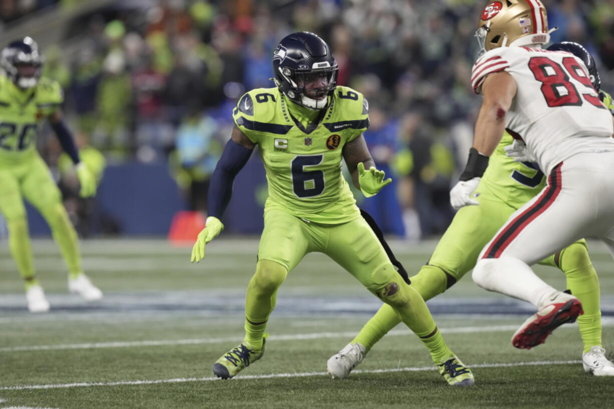 Seattle Seahawks safety Quandre Diggs (6) runs during an NFL football game against the San Francisco 49ers, Thursday, Nov. 23, 2023 in Seattle. The 49ers won 31-13.