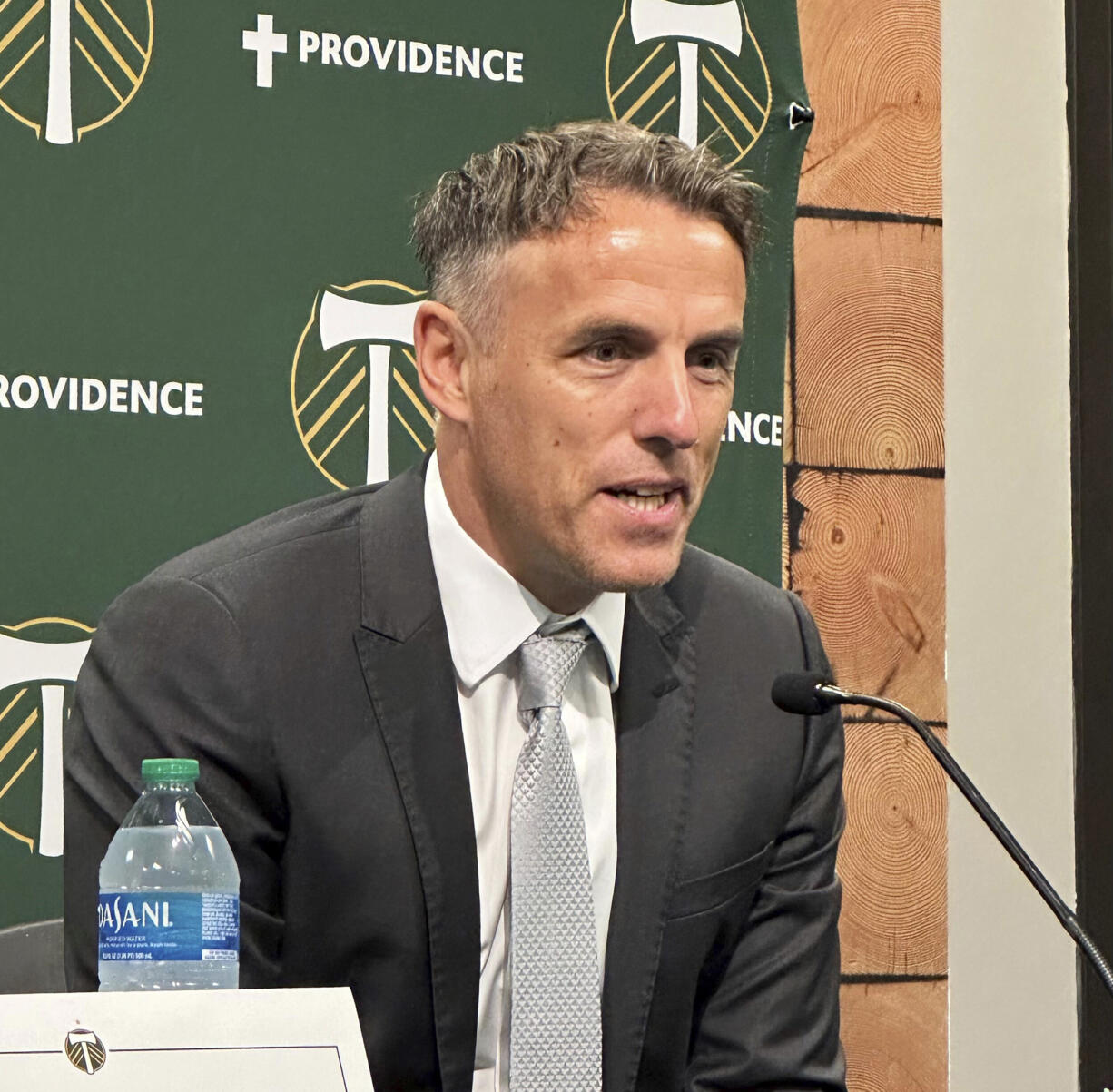 Phil Neville speaks at a news conference introducing him as new head coach of Major League Soccer’s Portland Timbers, Tuesday, Nov. 7, 2023, in Portland, Ore.