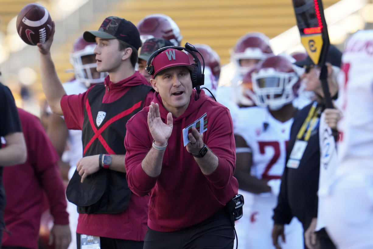 Washington State head coach Jake Dickert reacts during the first half of an NCAA college football game against California on Saturday, Nov. 11, 2023, in Berkeley, Calif. (AP Photo/Godofredo A.