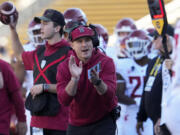 Washington State head coach Jake Dickert reacts during the first half of an NCAA college football game against California on Saturday, Nov. 11, 2023, in Berkeley, Calif. (AP Photo/Godofredo A.