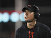 Oregon State promoted defensive coordinator Trent Bray to head coach Tuesday night, Nov. 28, 2023, replacing Jonathan Smith after he left for Michigan State.